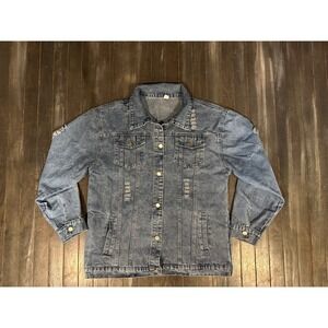 Distressed Blue Denim Jacket Women Medium Wash Ripped Jean Coat XL
